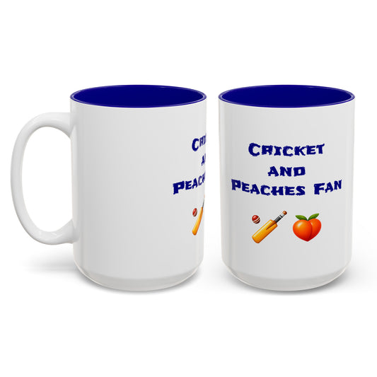 Cricket & Peaches Fan 🏏 🍑 – Two-Tone Accent White-Blue Mug 15oz