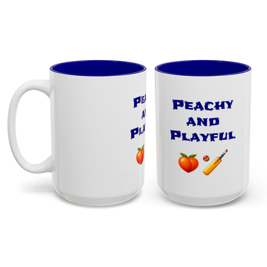 Peachy & Playful 🍑 🏏 – Two-Tone Accent White-Blue Mug 15oz